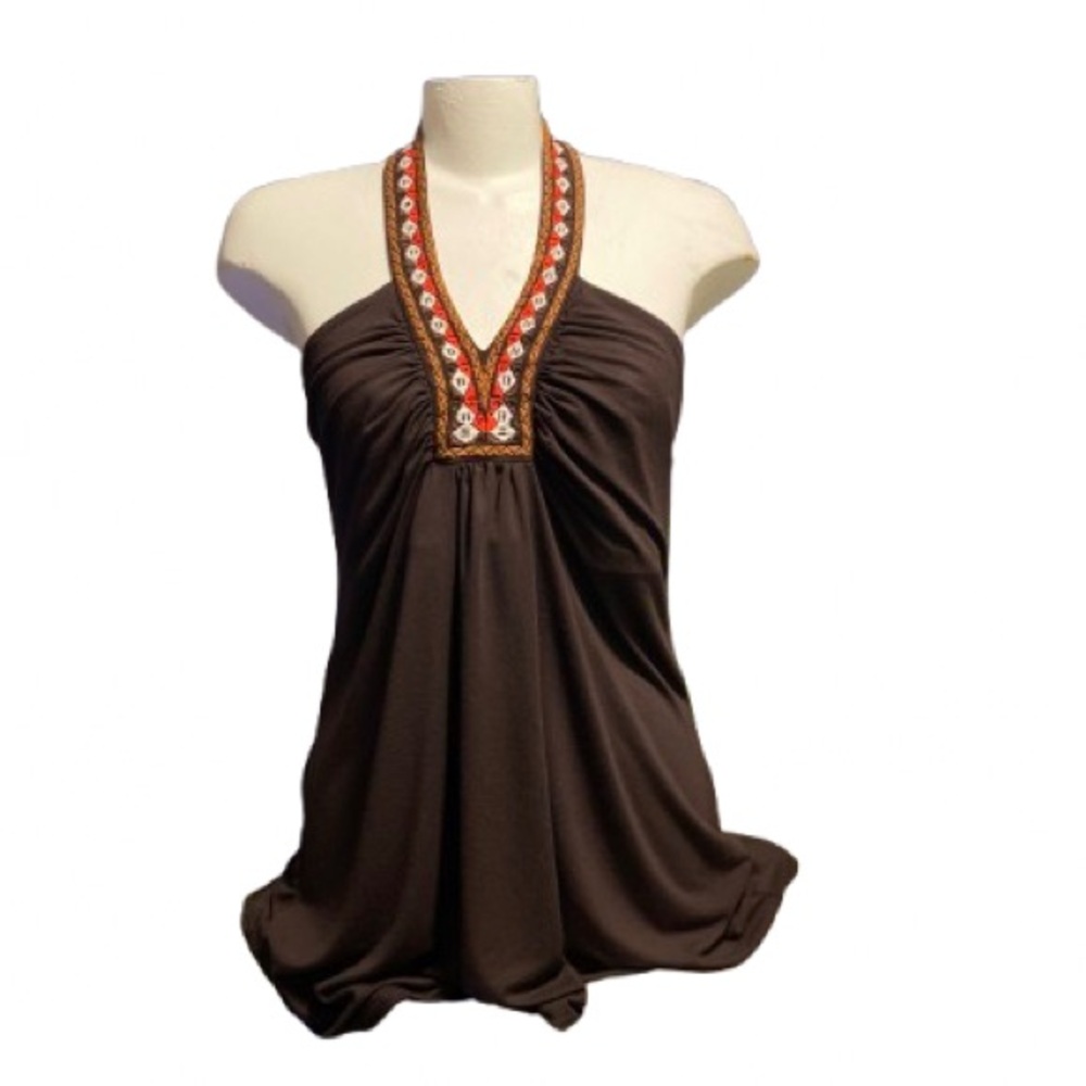 💙 Le Chateau Chocolate Brown Halter Top With Vibrant Embroidered Collar Size XL.